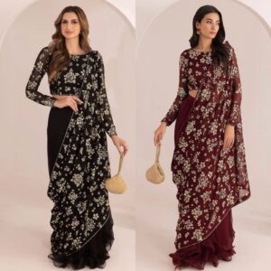 JAZMIN Chiffon Saree – Embroidered Sequence Luxury Unstitched 3PC