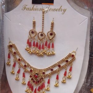 Artifical Red & Gold Bridal Maang Tikka & Necklace Set