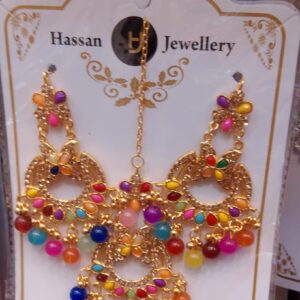 Multicolor Earrings & Tikka Set - Artificial Jewellery